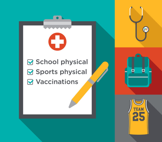 Clipboard showing checklist that reads "School physical, sports physical, vaccinations"