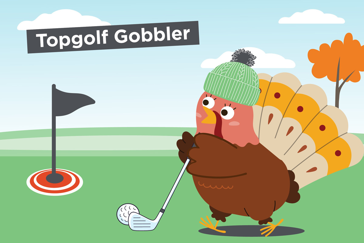Cartoon showing a turkey golfing