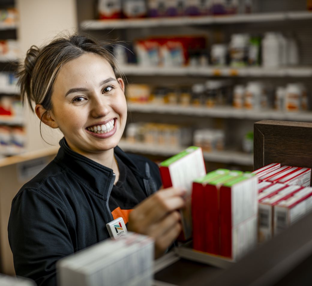 Stocking shelves at Robbinsdale Hospital Pharmacy