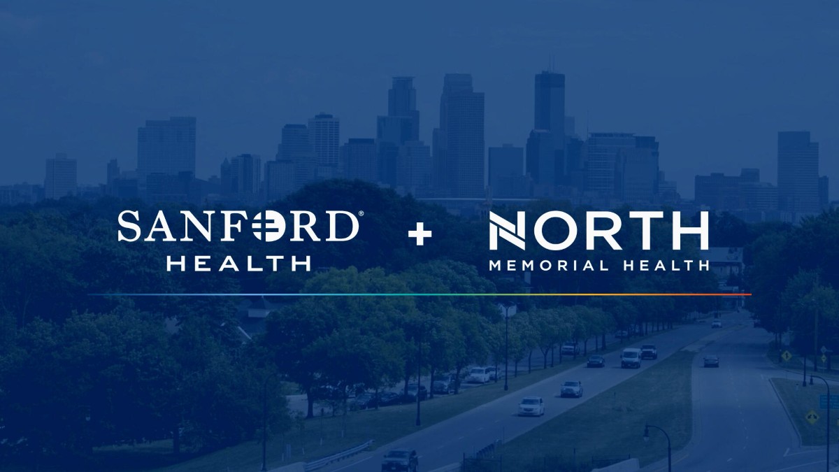 North Memorial Health Sanford Health logos overlaid on an image of Downtown Minneapolis, MN